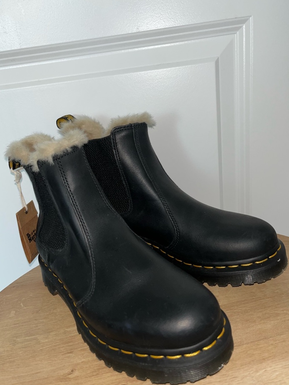 Dr. Martens Black and Beige Faux Fur Lined Boots